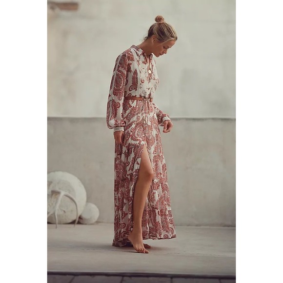 Anthropologie Dresses & Skirts - Anthropologie Allaire Red Paisley Lace Bib Maxi Dress XL Boho Long Sleeve Tiered